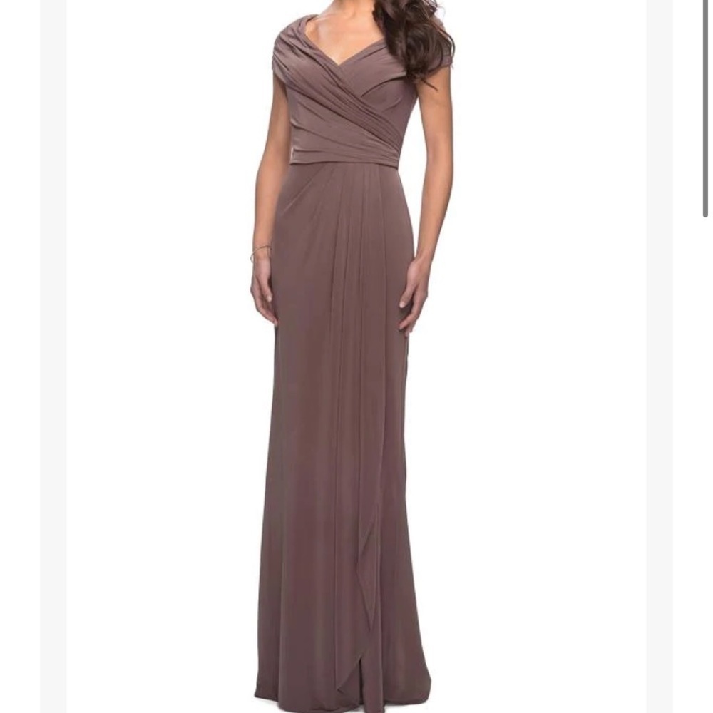 La Femme Ruched Jersey Column Gown in Cocoa Formal Dress